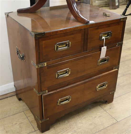 A modern military style brass bound yew chest of drawers W.57cm, H.60cm